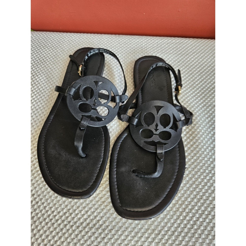 Coach Jaci Black Leather Signature Cutout T-Strap Slingback Sandals Size 10